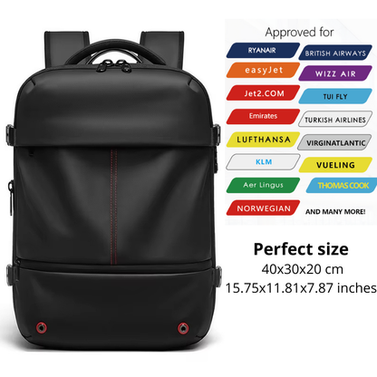 Black Travel hack travel backpack approved for major airlines with perfect carry-on size 40x30x20 cm