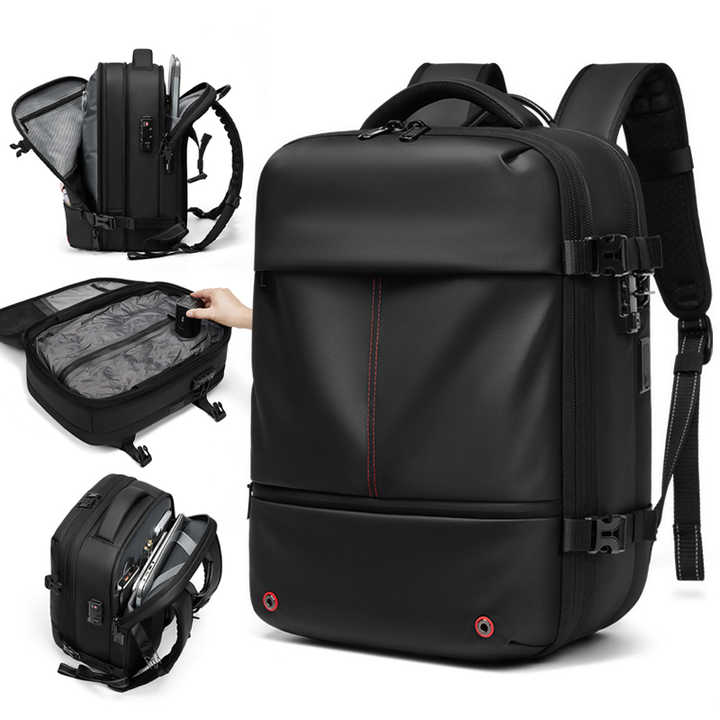 Travel hack black travel backpack with multiple compartments and secure zipper closures