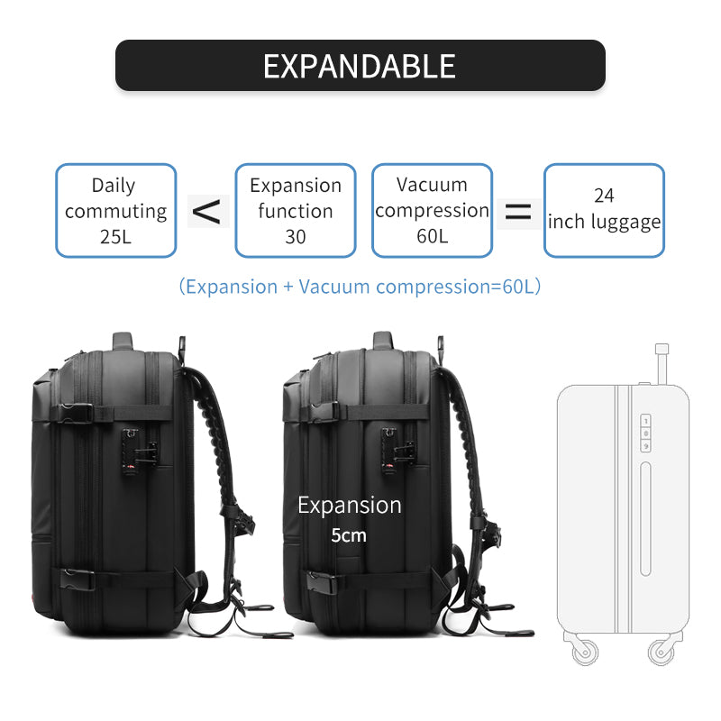Travel backpack by Travel hack showing expandable feature from 25L to 60L with vacuum compression