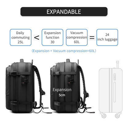 Travel backpack by Travel hack showing expandable feature from 25L to 60L with vacuum compression