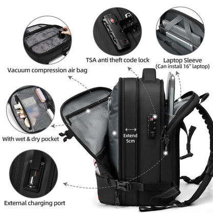Travel backpack by Travel hack with TSA anti-theft lock, laptop sleeve, vacuum compression bag, wet dry pocket, and external charging port