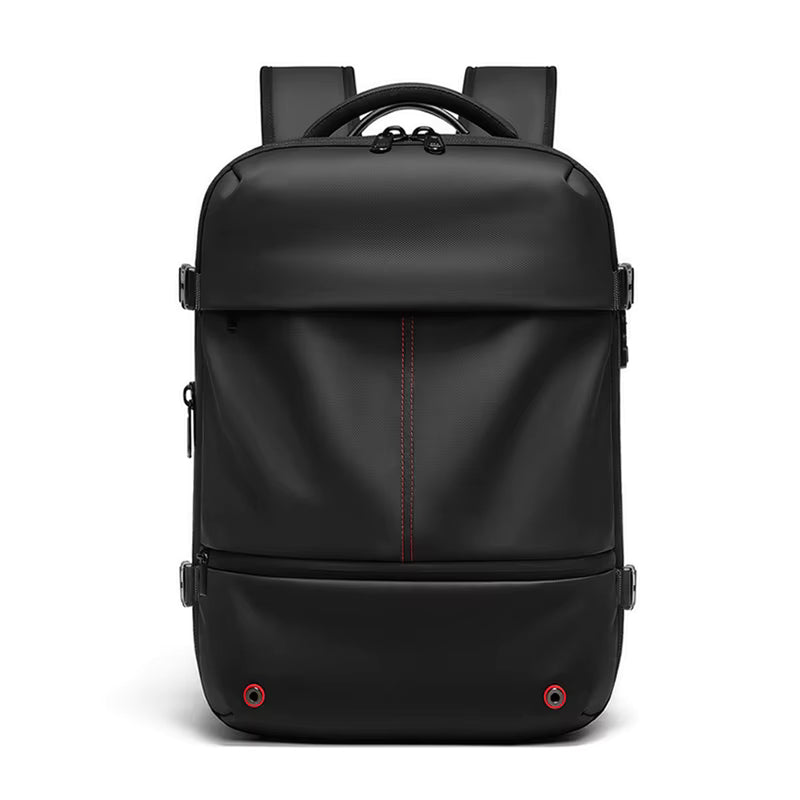 Black Travel hack travel backpack with sleek design and red stitching detail