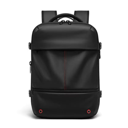 Black Travel hack travel backpack with sleek design and red stitching detail