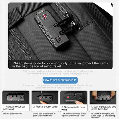 Close-up of TSA combination lock on black Travel hack travel backpack for secure luggage protection